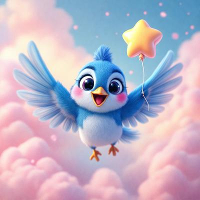 The primary subject of the image is a blue bird, which is the main focus of the scene. The bird is flying through a pink and white cloudy sky, creating a whimsical and playful atmosphere. The visual style of the image is a digital art or illustration, as it appears to be a well-crafted and detailed piece of artwork. The colors and mood of the image are predominantly pink and white, giving it a light and cheerful vibe.
